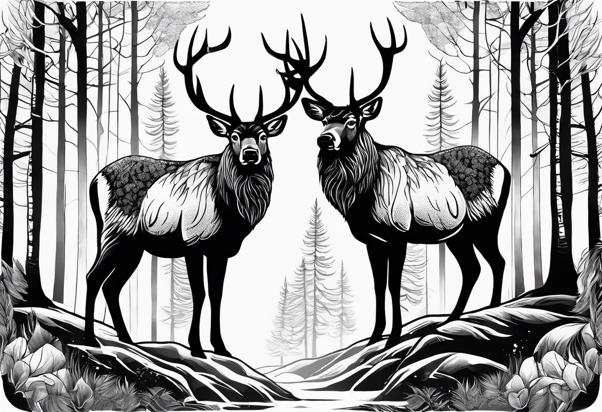 Make a tattoo of two norwegian elkounds standing in a forest. Make it a nordic themed tattoo tattoo idea