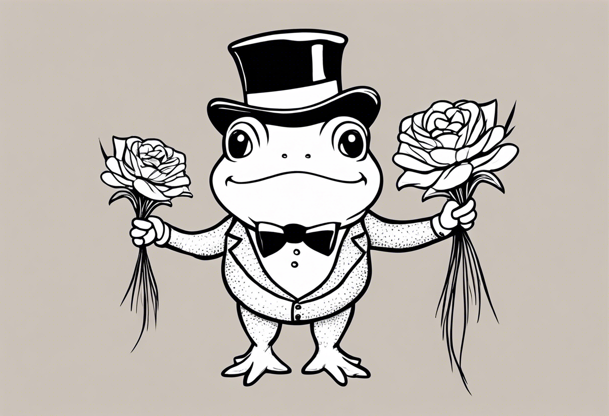 Cute toad standing on back legs  in a top hat and a formal suit holding flowers to go on a date tattoo idea