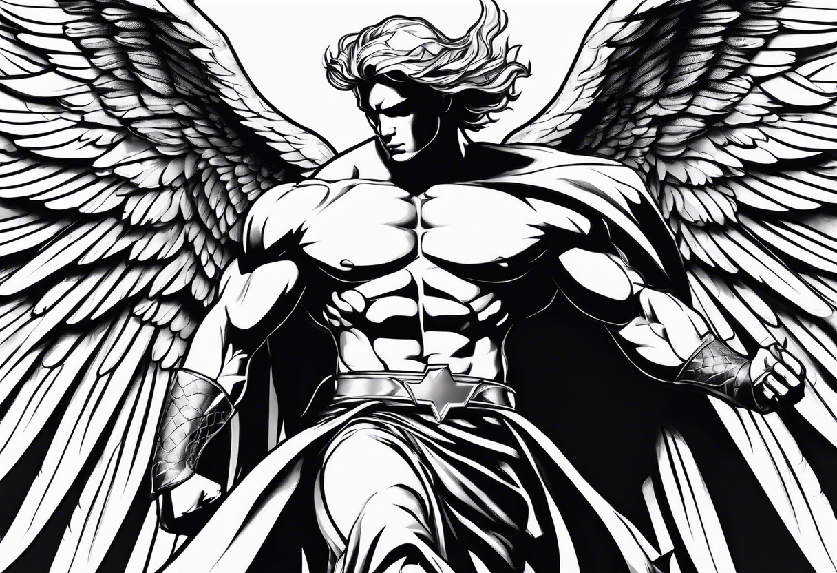 Angel in the pose of a superhero landing tattoo idea