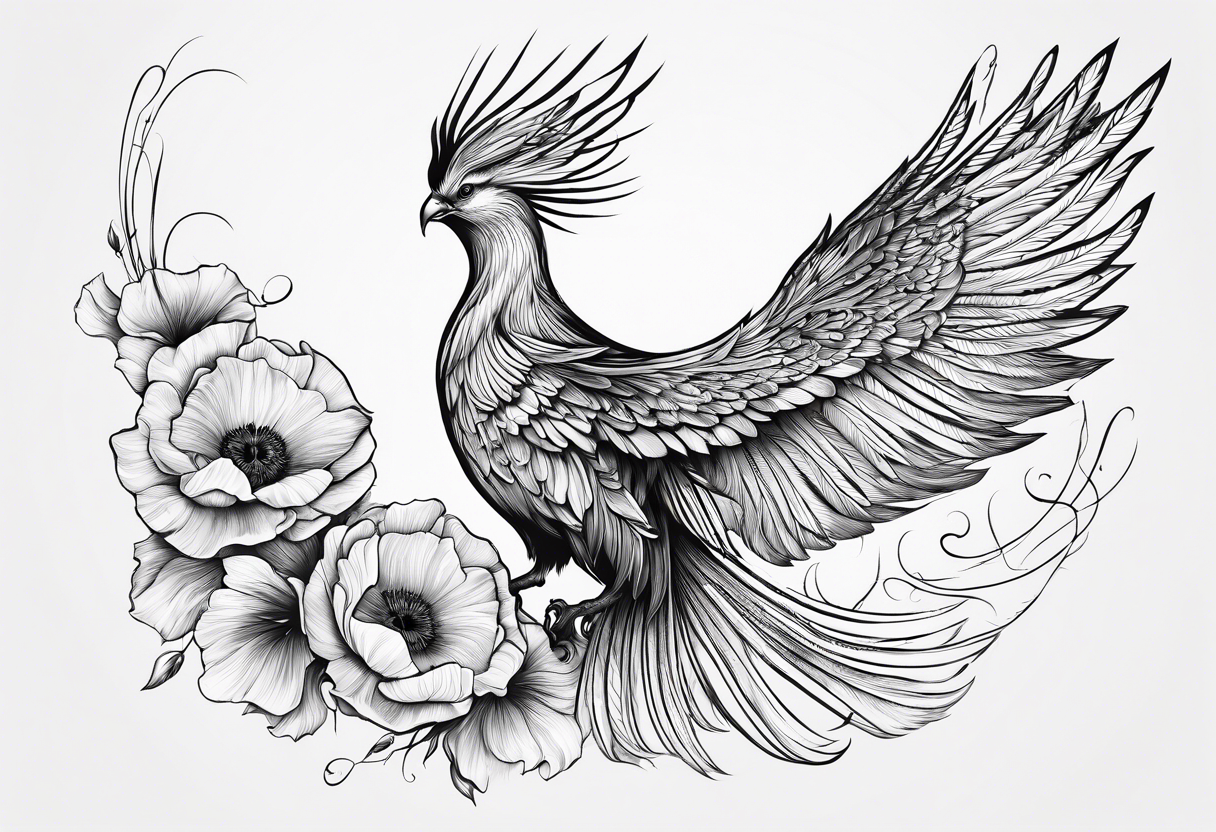 elongated phoenix in flight 
in profile long tail with claws holding poppies falling tattoo idea