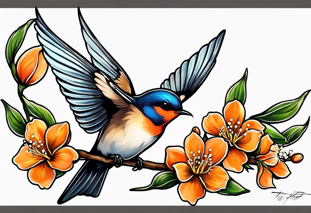 swallow leaving on an orange blossom branch with its wings up tattoo idea