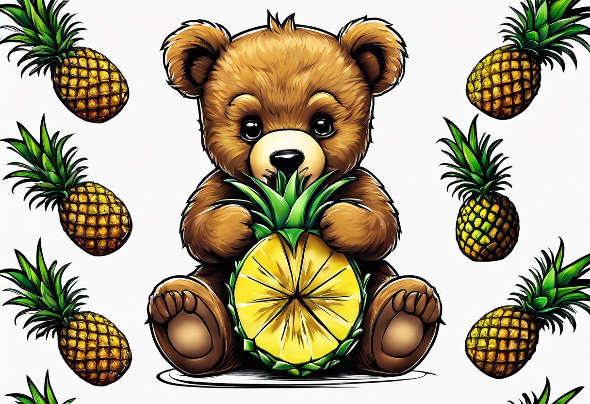 Teddy Bear biting pineapples tattoo idea