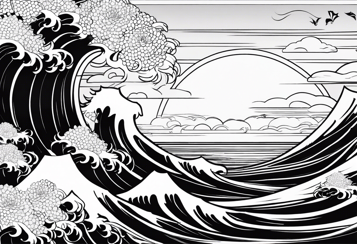 hello! can you generate me a tattoo sleeve in japanese drawing style by using these elements: waves, a cat, the sun, clouds and japanese lotus tattoo idea