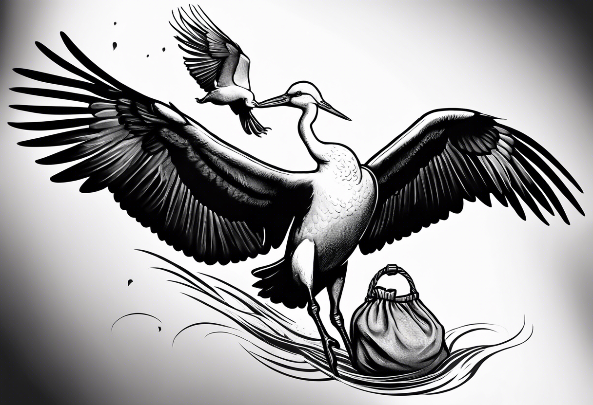 Stork flying and carrying baby hippo in sack tattoo idea