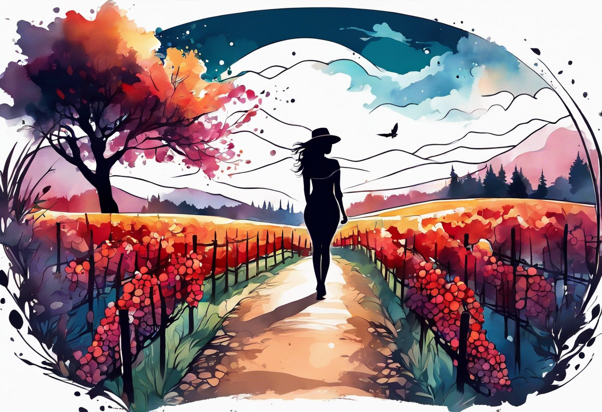 female silhouette walking from vineyards to forests to mountains tattoo idea