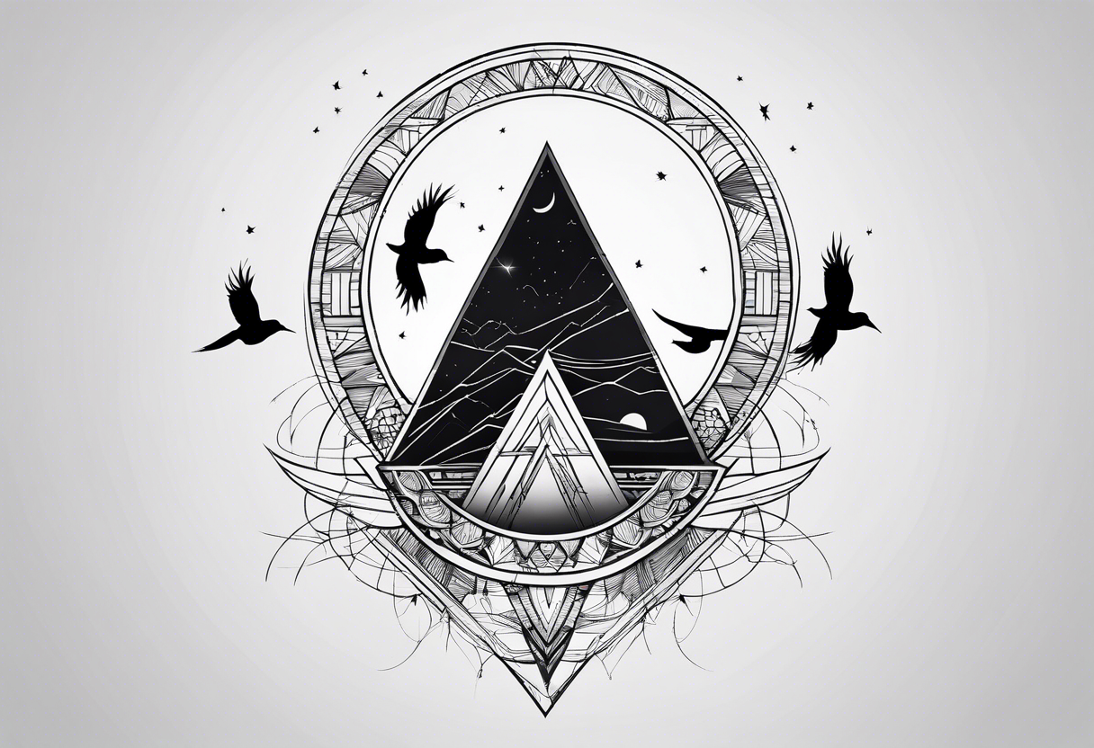 Do not include a face. Linear tattoo with double triangle, unclosed delta, crescent moon, birds tattoo idea