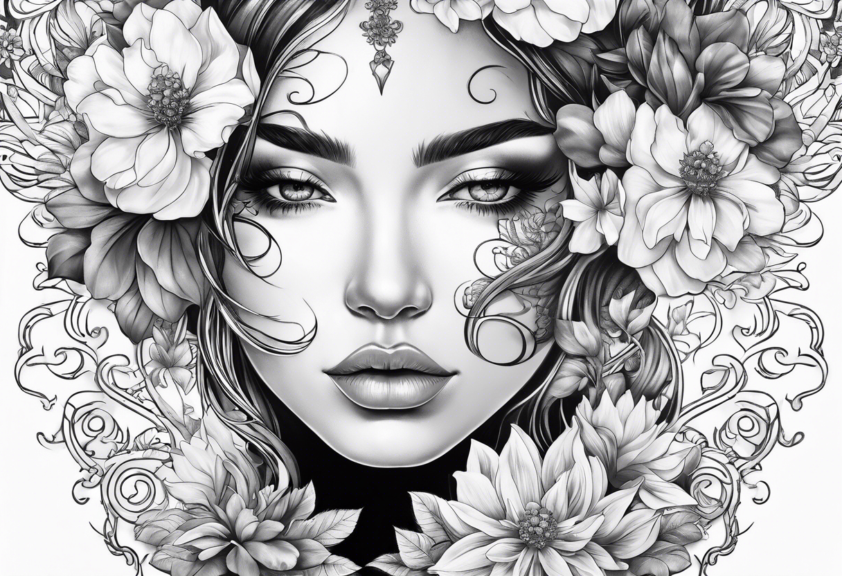 fine line tattoo with woman facing forward flowers covering her eyes and forehead with flowers growing out of her head tattoo idea