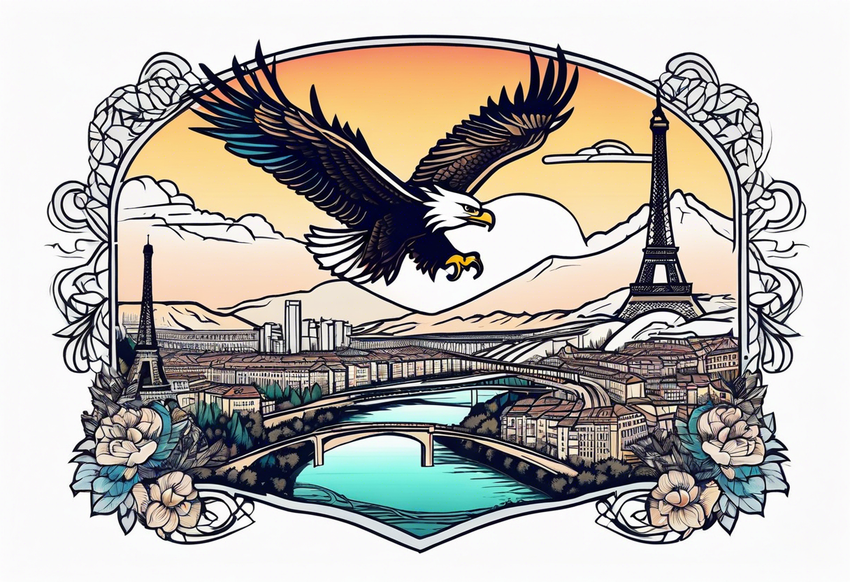 panoramic view of eagle's nest, eiffel tower and mountains with a river beneath tattoo idea