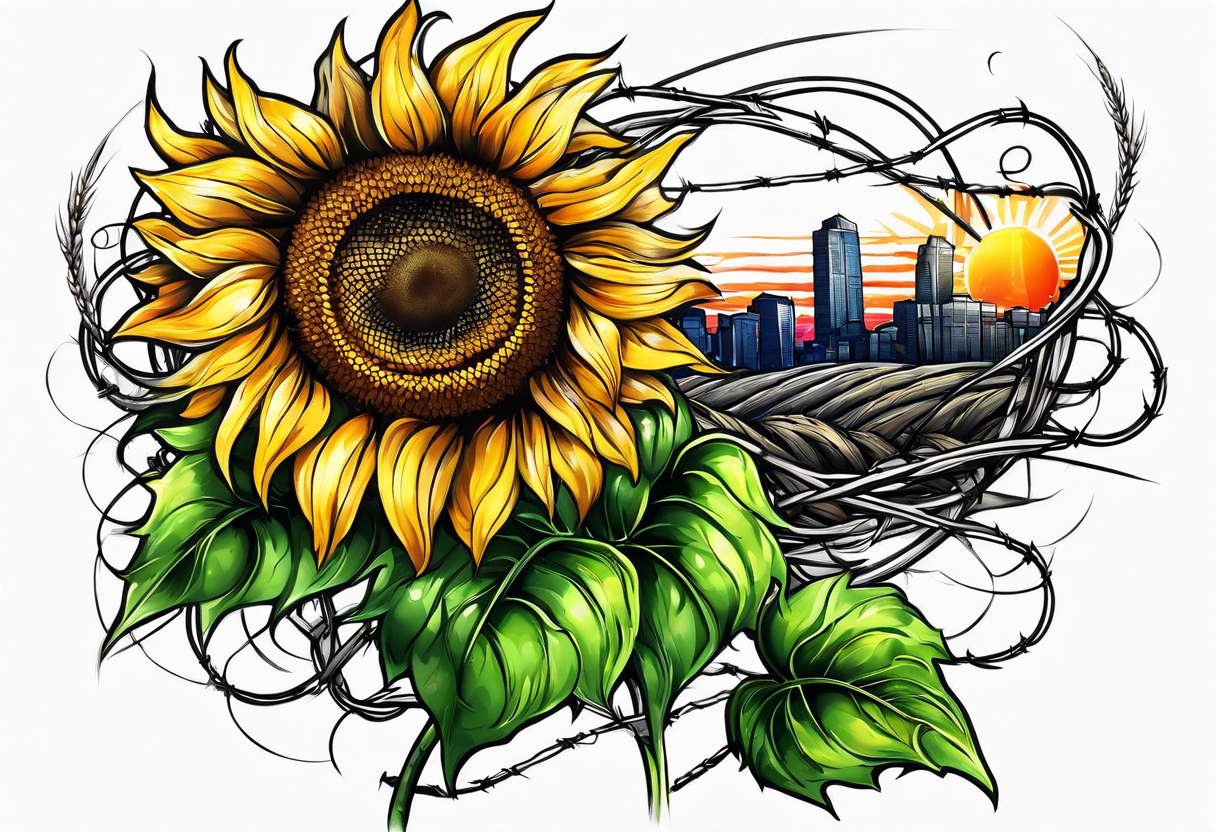 Sunflower, wheat, and barbed wire half sleeve tattoo idea