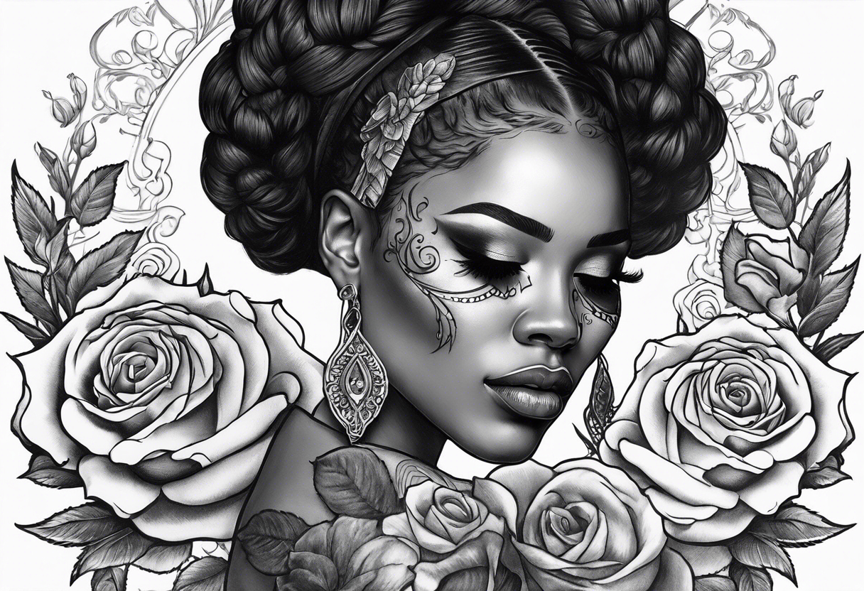 black women with no eyes facing side ways with a  skull, roses and burning candle in her hand tattoo tattoo idea