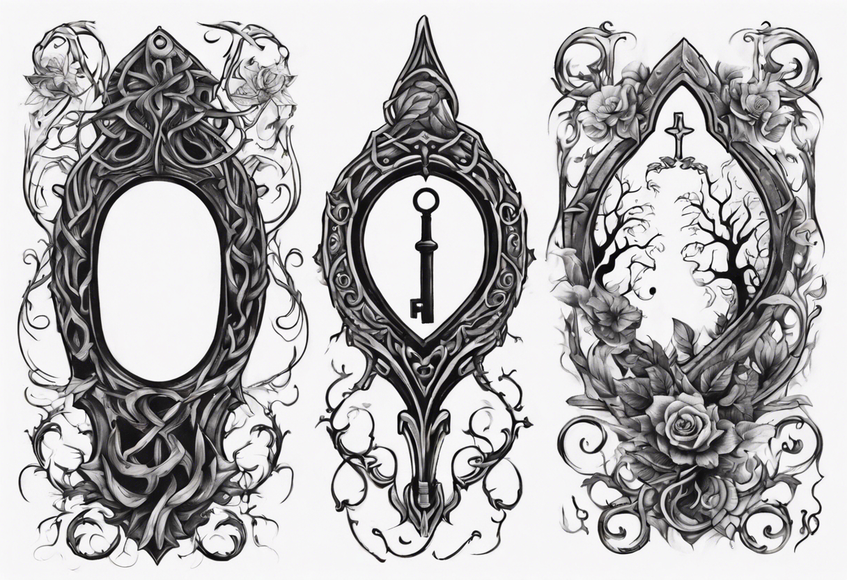 an intricate keyhole surrounded by elements like vines, and Inside the keyhole, incorporate personal symbols or imagery that hold significance to the individual. tattoo idea