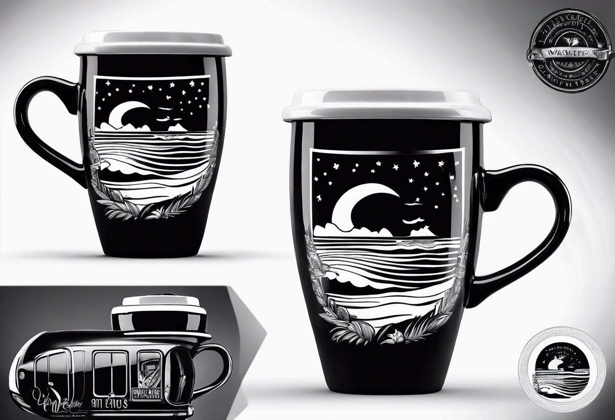 Coffee mug with beach scene on it for coffee truck logo tattoo idea