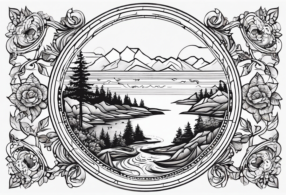 A circle with an outline of Whidbey Island inside of it. tattoo idea