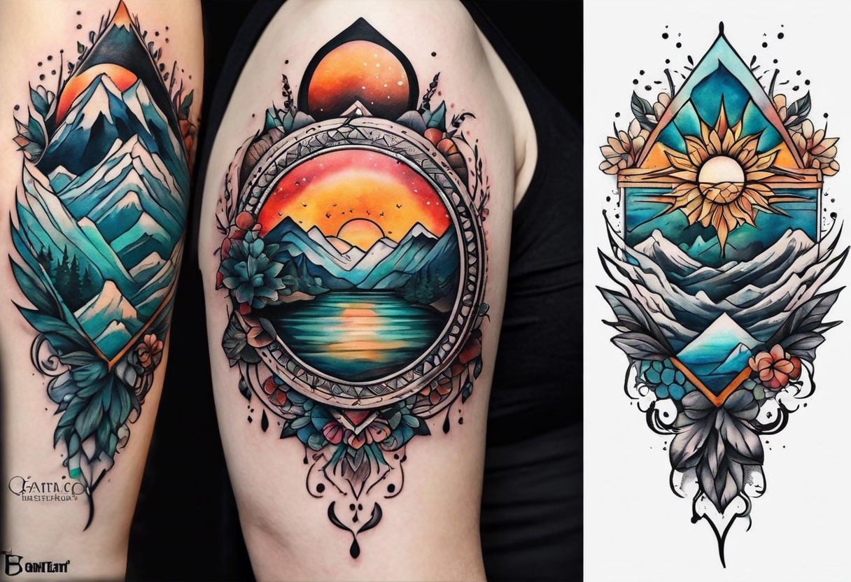 I want to 2 different tattoo design, but they will be in a matching style.
First tattoo will be mountains with a sunrise.
second tattoo will be sea with sunset. tattoo idea