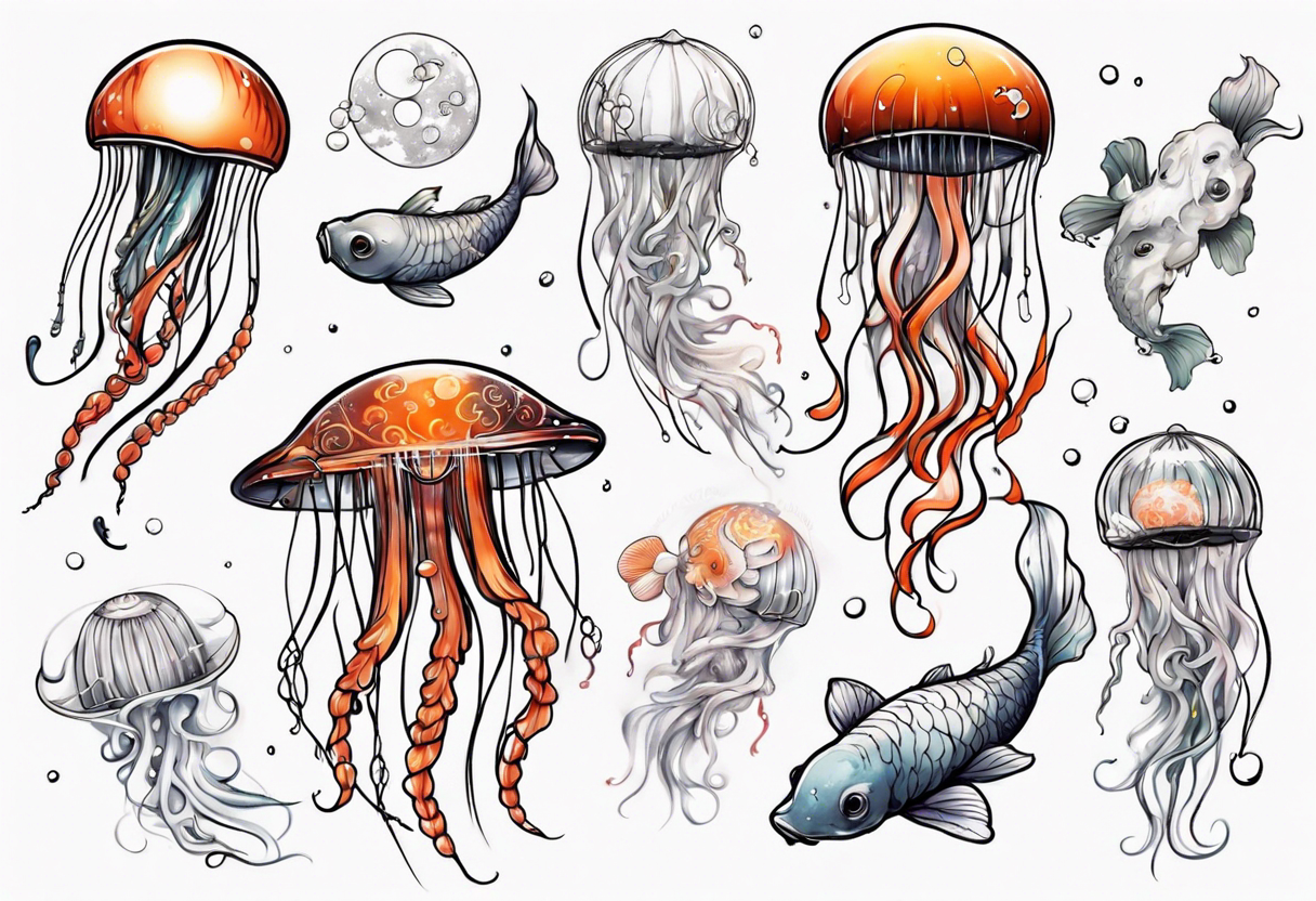 1 jellyfish with the moon in the lid. Then with mini koi carp and jellyfish swimming amongst the tentacles tattoo idea