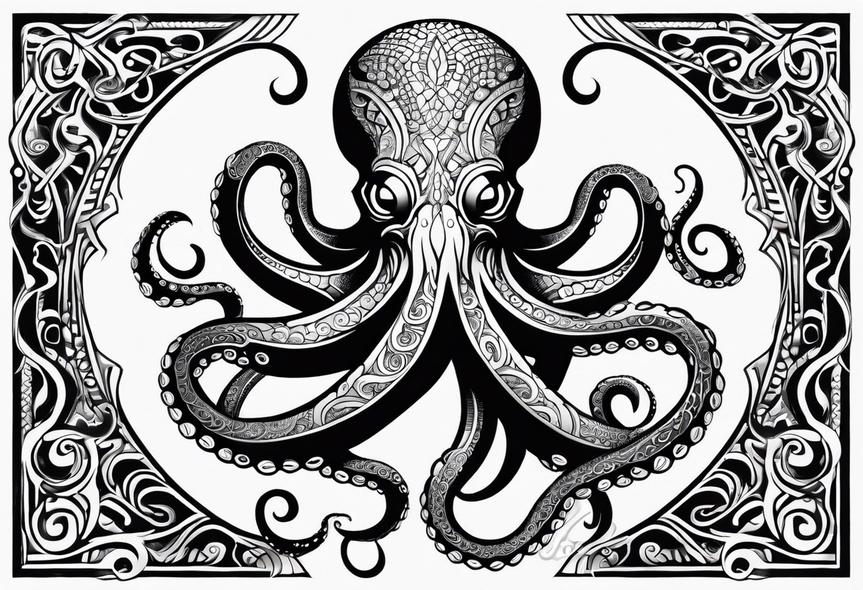 Hawaii tribal octopus with thick lines, less detail, and water waves tattoo idea