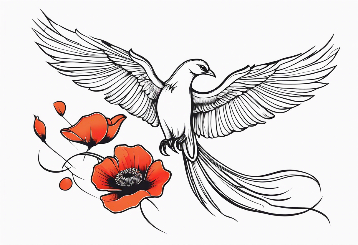 elongated phoenix in flight 
in profile long tail with claws holding poppies falling tattoo idea