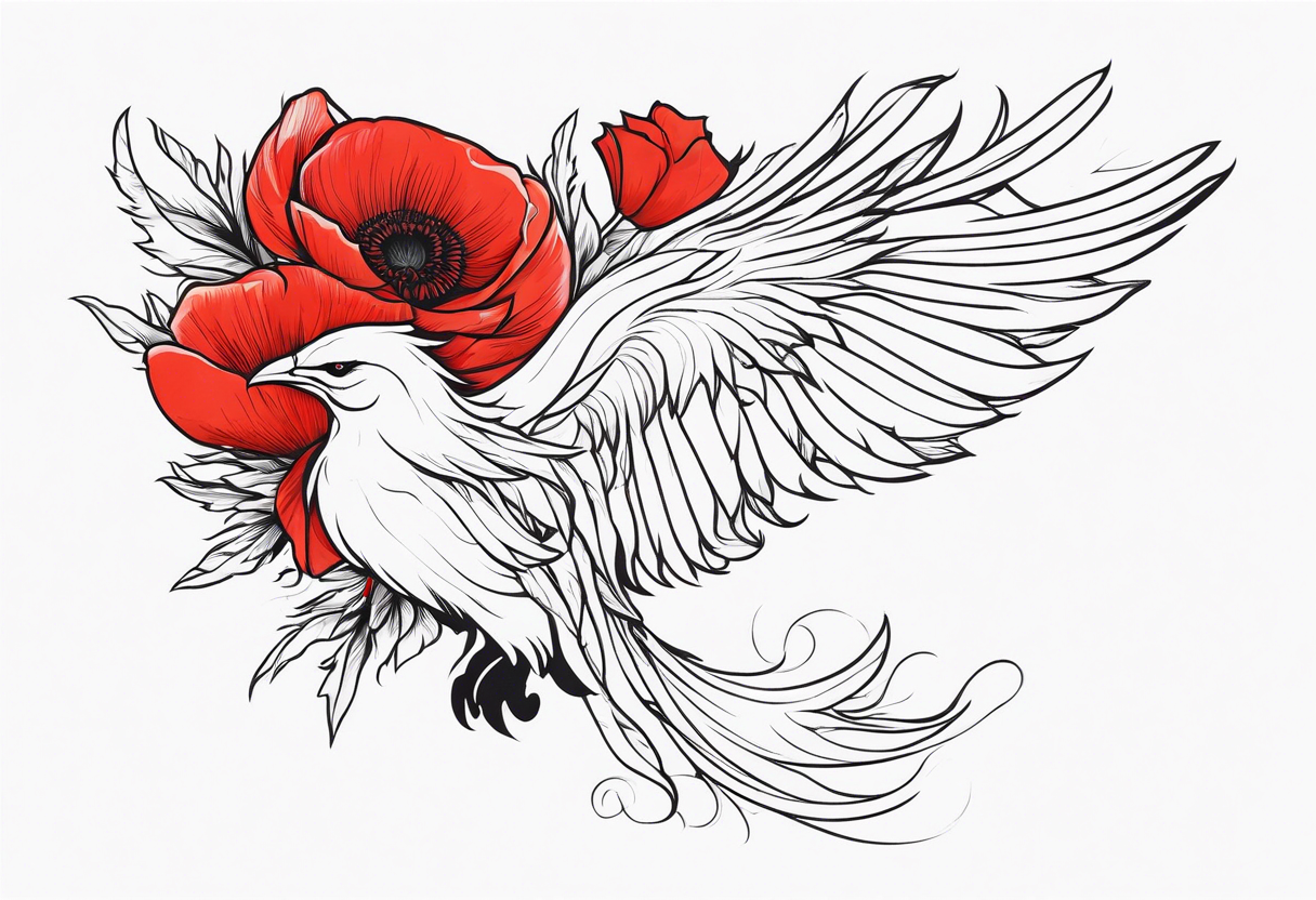 diving pheonix with long feathery tail holding red poppies tattoo idea