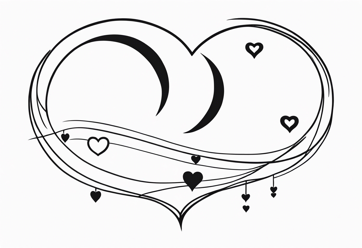 Crescent moon with a love heart inside it and 4 hearts dangling from it tattoo idea