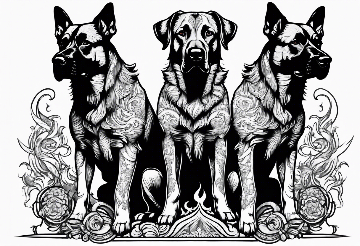 A three headed dog standing in fire with a black gate behind tattoo idea