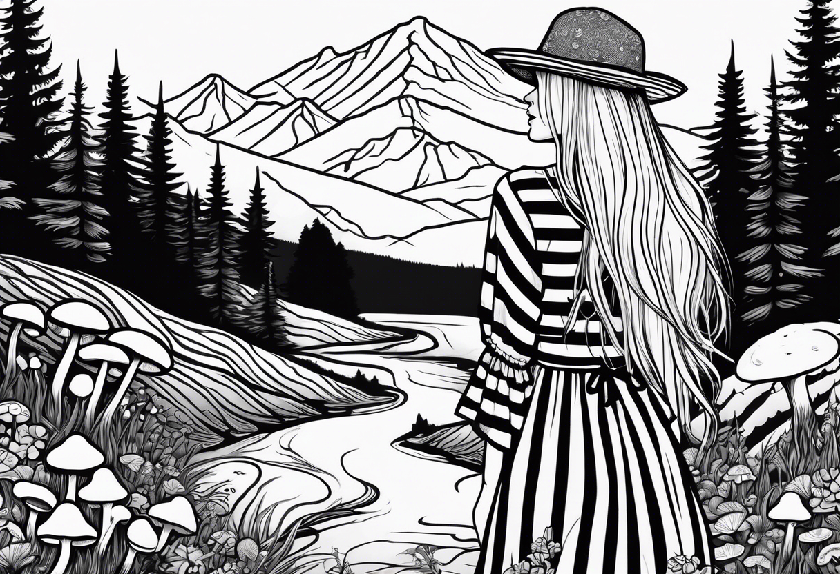 Straight long blonde hair hippie girl in distance holding mushrooms in hand facing away toward mountains and creek surrounded by mushrooms black and white striped dress tattoo idea