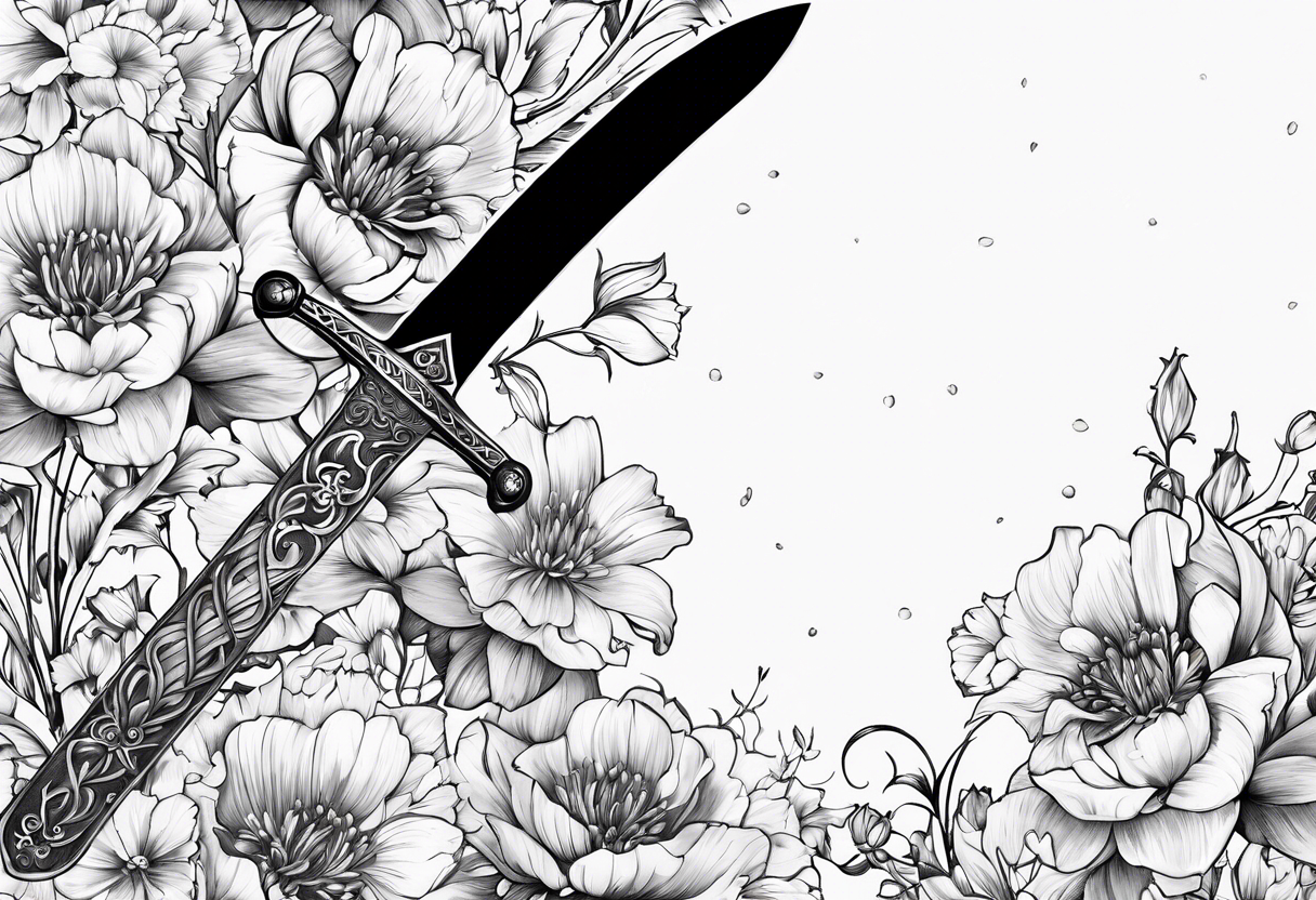 Sword with January, May and June birth flowers wrapped around it. tattoo idea