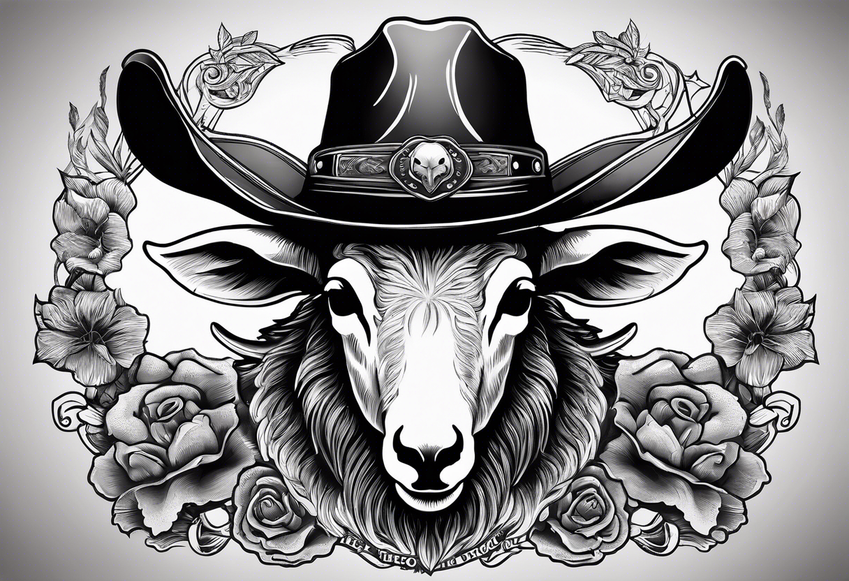 A sheep skull with cowboy hat hanging off the end of one of the horns and the words sleep through the storm tattoo idea