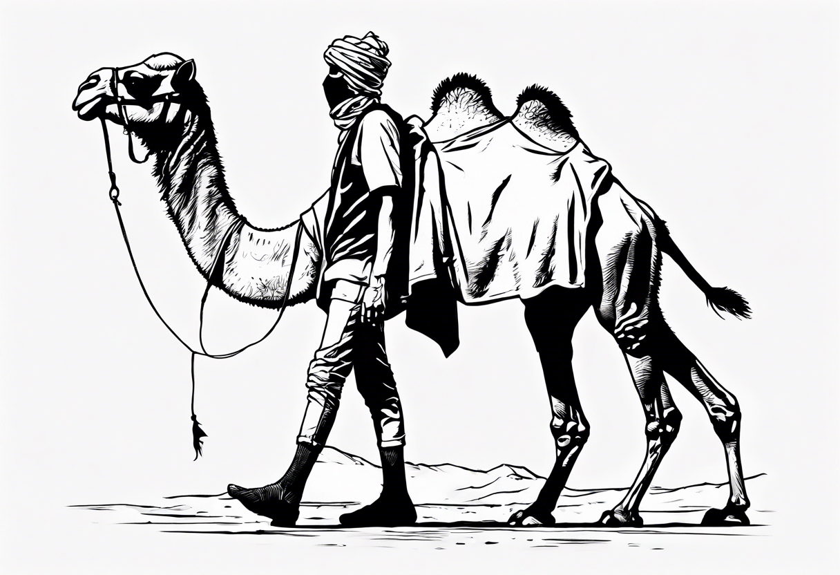 Feature a man walking alongside his camel, both resilient against the harsh environment, the man covering his face with a long cloth for protection. tattoo idea