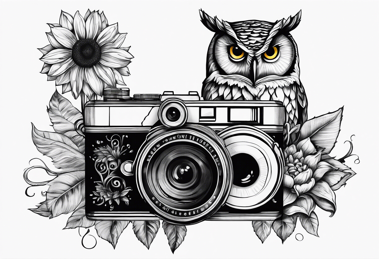 sunflower, camera, water wave, owl, book tattoo idea