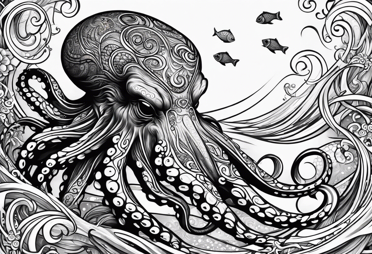 Tribal half sleeve octopus surrounded by ribbons of water waves filled with fish and a tribal sea turtle hidden in the lines of the head of the octopus tattoo idea