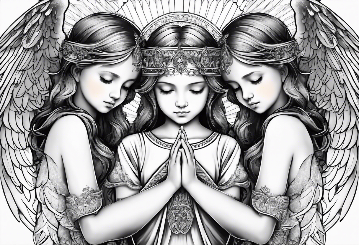 3 angels praying together. The two boy angels are on either side of the girl angel, with their wings gently enfolding tattoo idea