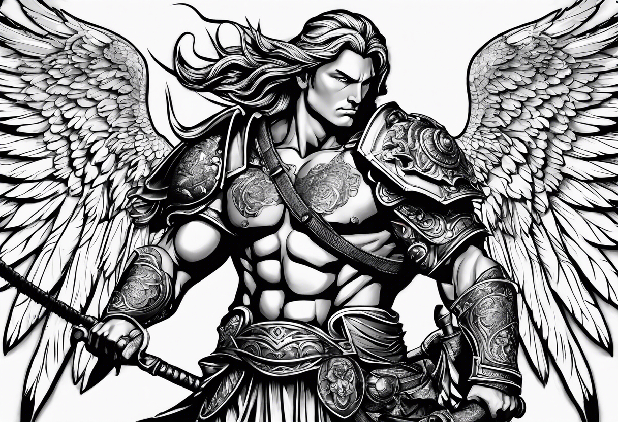 ares figure, angel, fishing rod tattoo idea