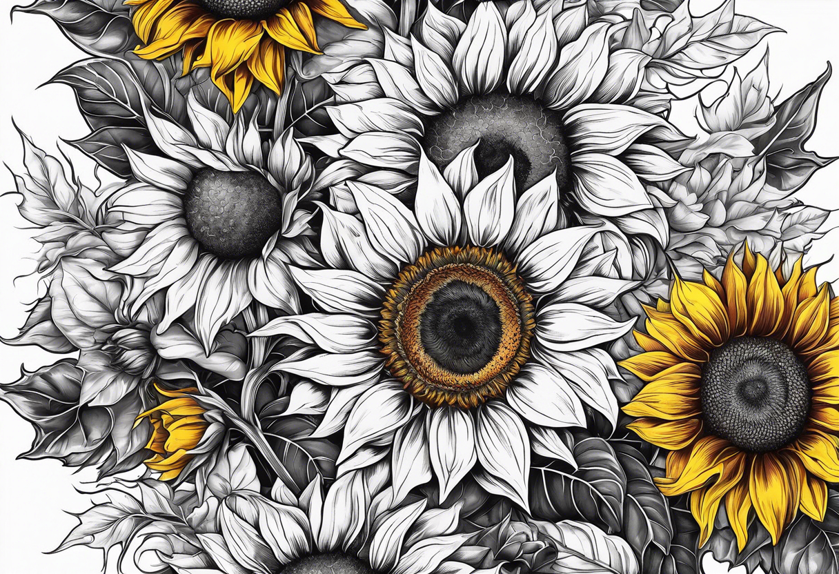 7 different species of sunflower laid out in 2 diagonal rows outline tattoo idea