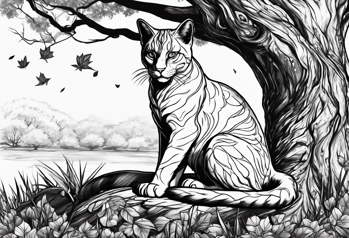 Khajiit sitting under a tree with an empty skooma bottle tattoo idea