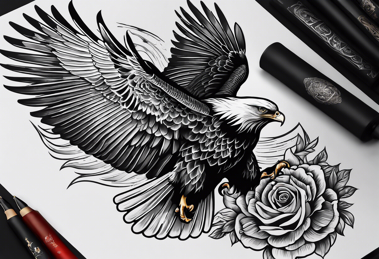 idea of pain for glory in life, discipline and catholic religion. Tattoo on the back with an eagle , 2 pigeon and fish tattoo idea