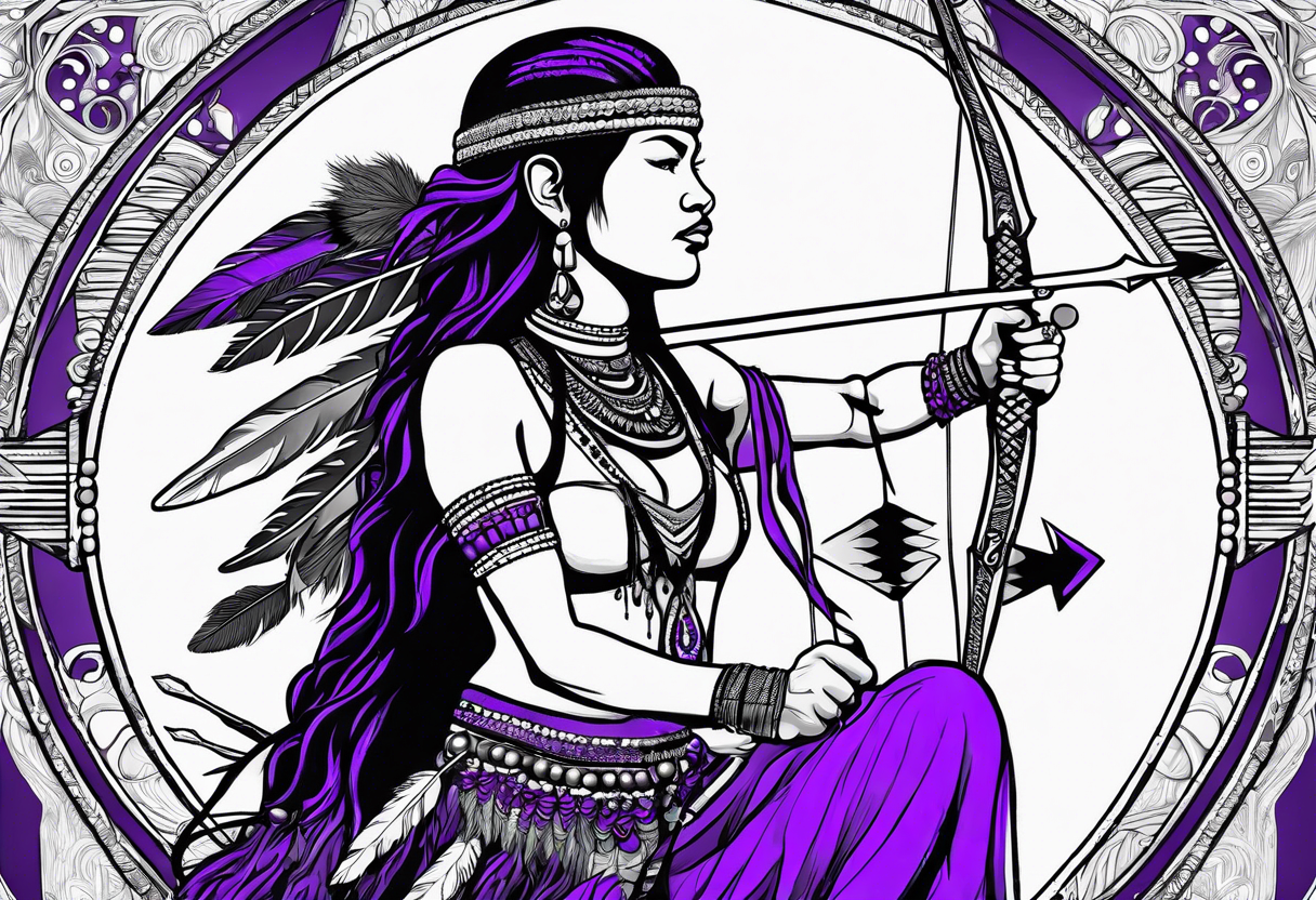 native woman female warrior with arrows on her back wearing bead headband sitting on a purple buffalo, show the buffalo standing still, see whole buffalo she is sitting on tattoo idea