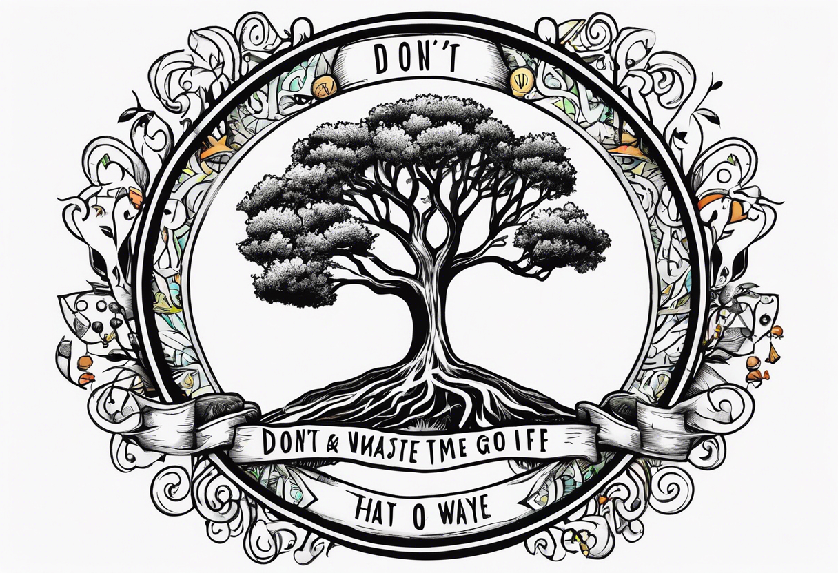 Circle of text on the hand of: don't waste tour time looking back youre not going that way. With a tree of life tattoo idea