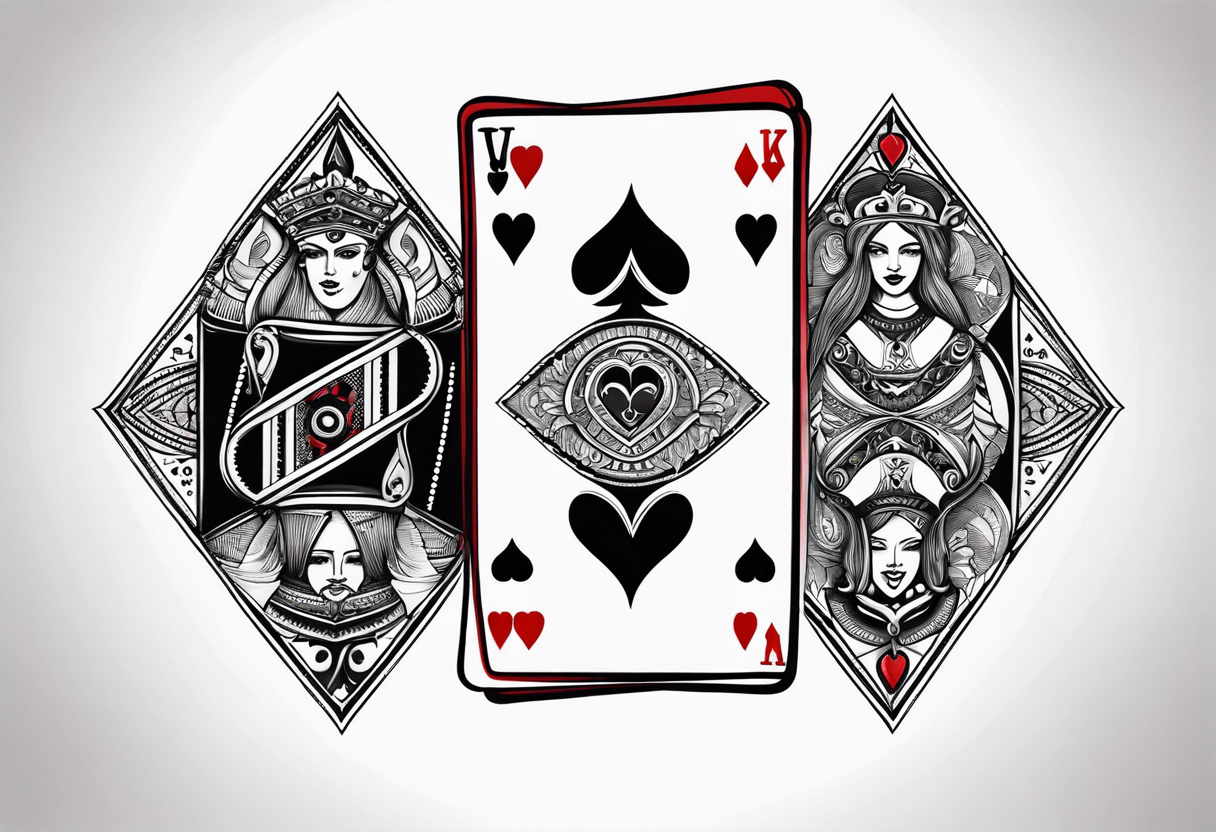 one playing card with both queen of hearts and king of spades incorporated in extreme minimalistic  style tattoo idea