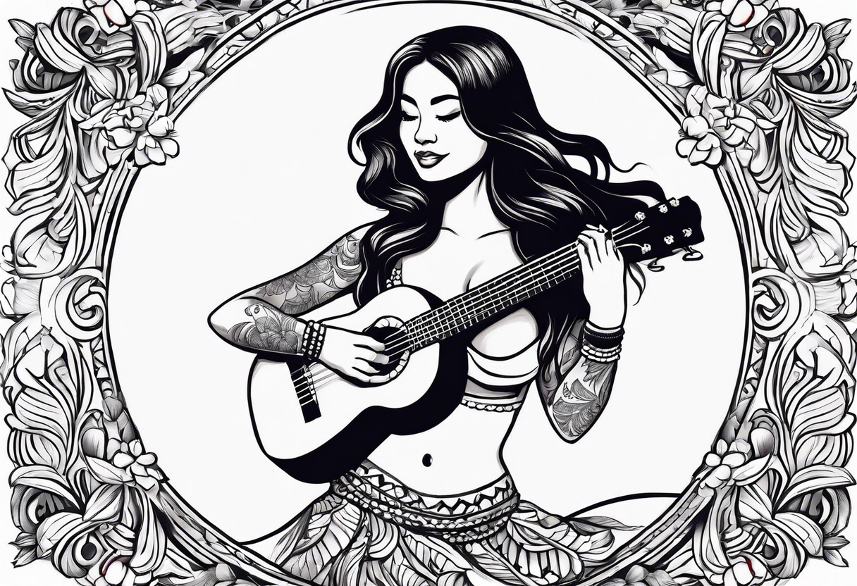 entire hula plynesian girl squating and dance with ukulele tattoo idea