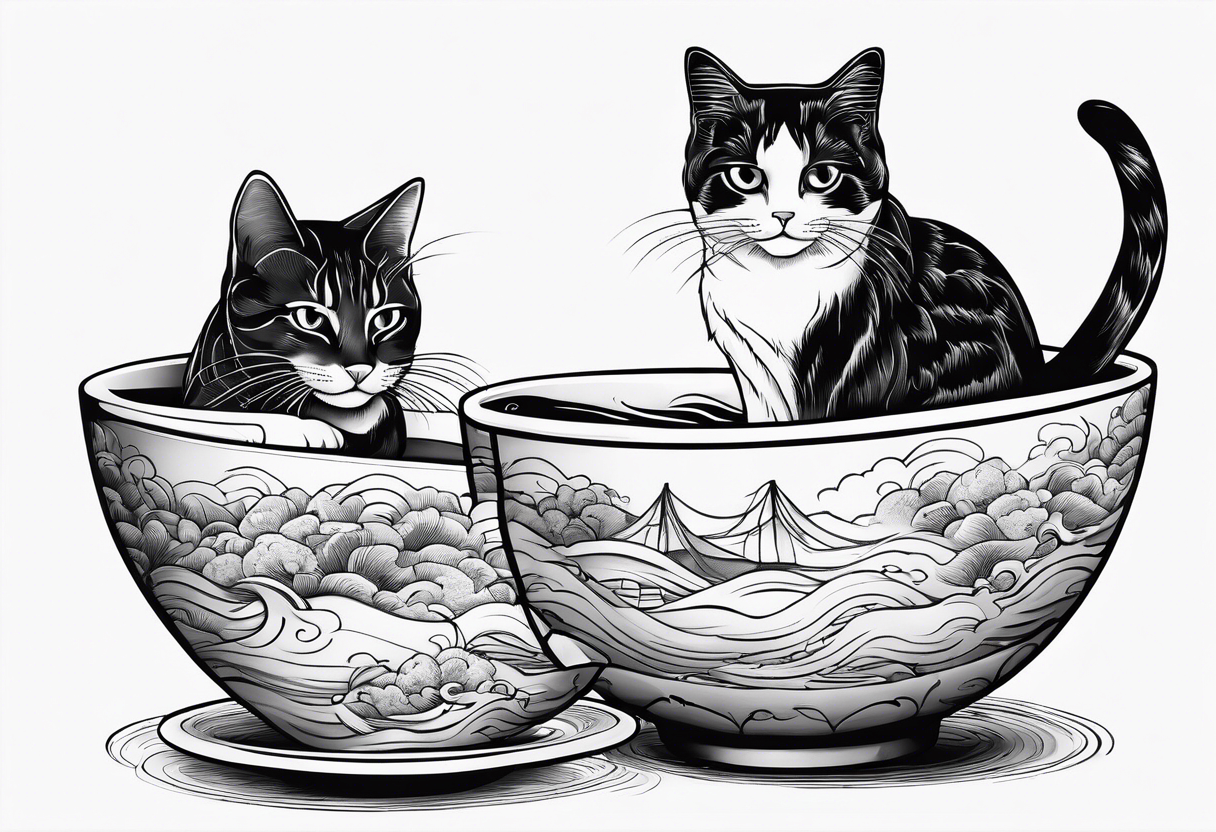 Two tabby cats sitting in a ramen noodle bowl tattoo idea