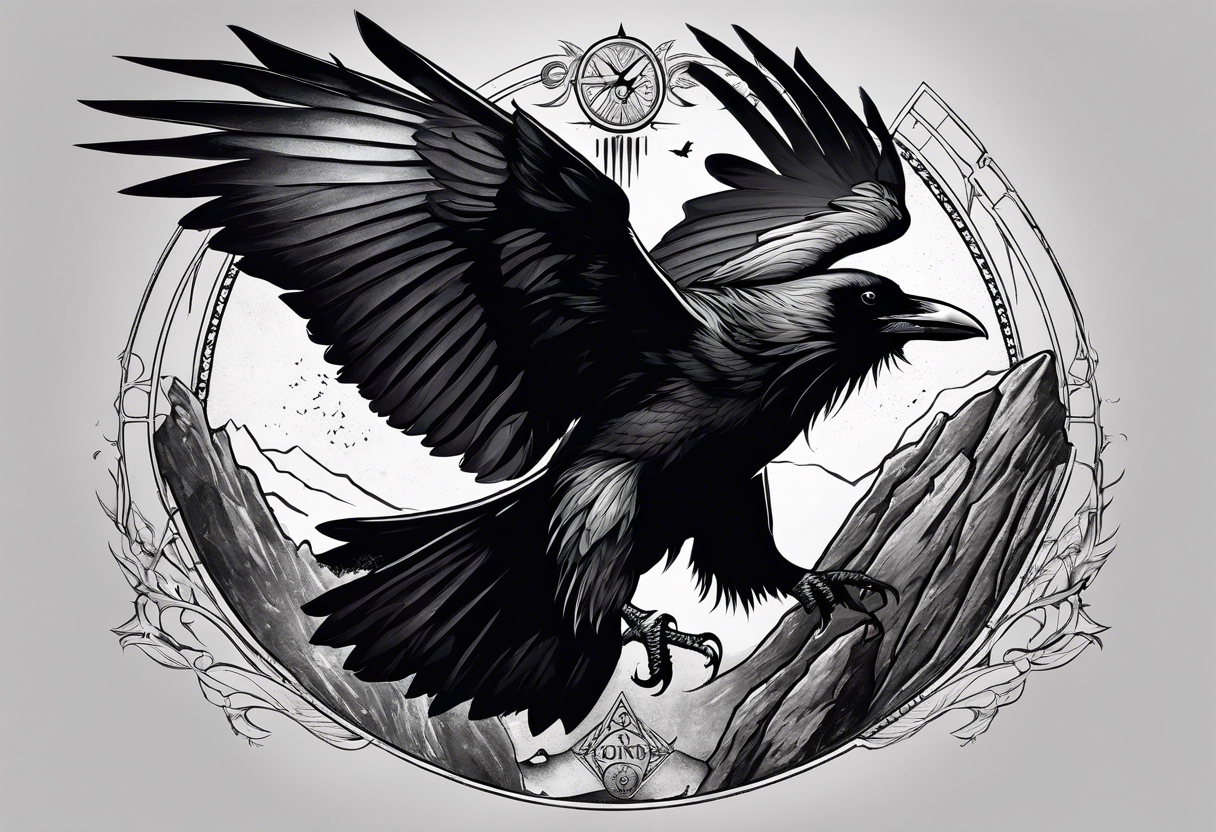 raven attacking a rock with the roman numeral seven and the text Omnia Urunt inscribed on it. tattoo idea