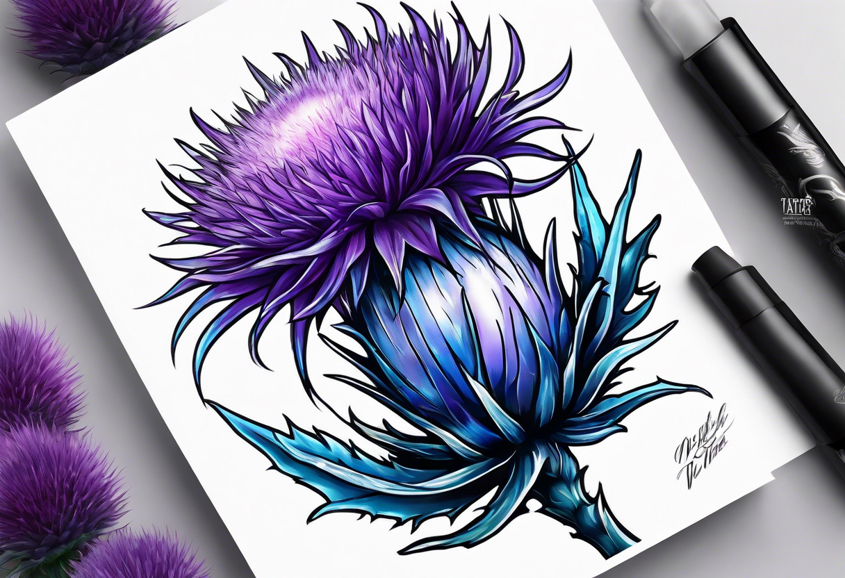 Purple thistle with blue Neptune planet tattoo idea