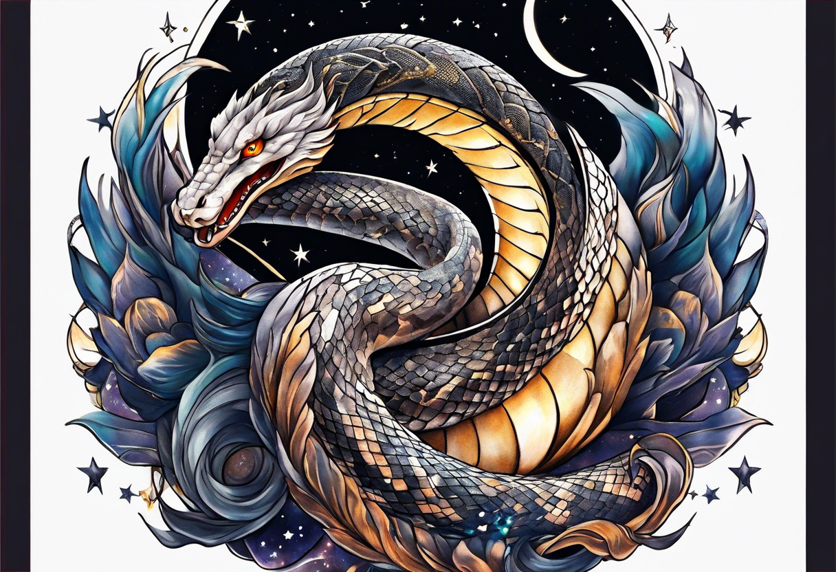 Lucifer (half snake) wraps the moon in the night sky tattoo idea