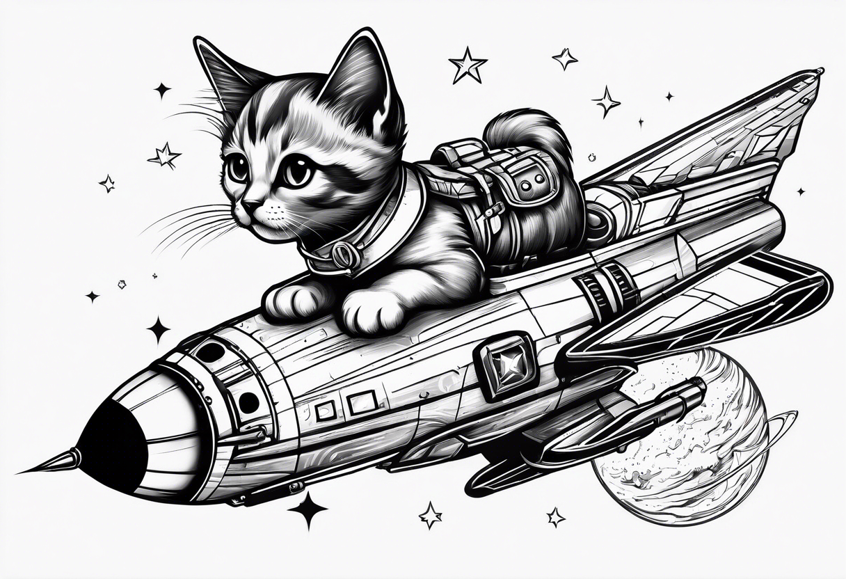 a kitten riding a rocket in space tattoo idea