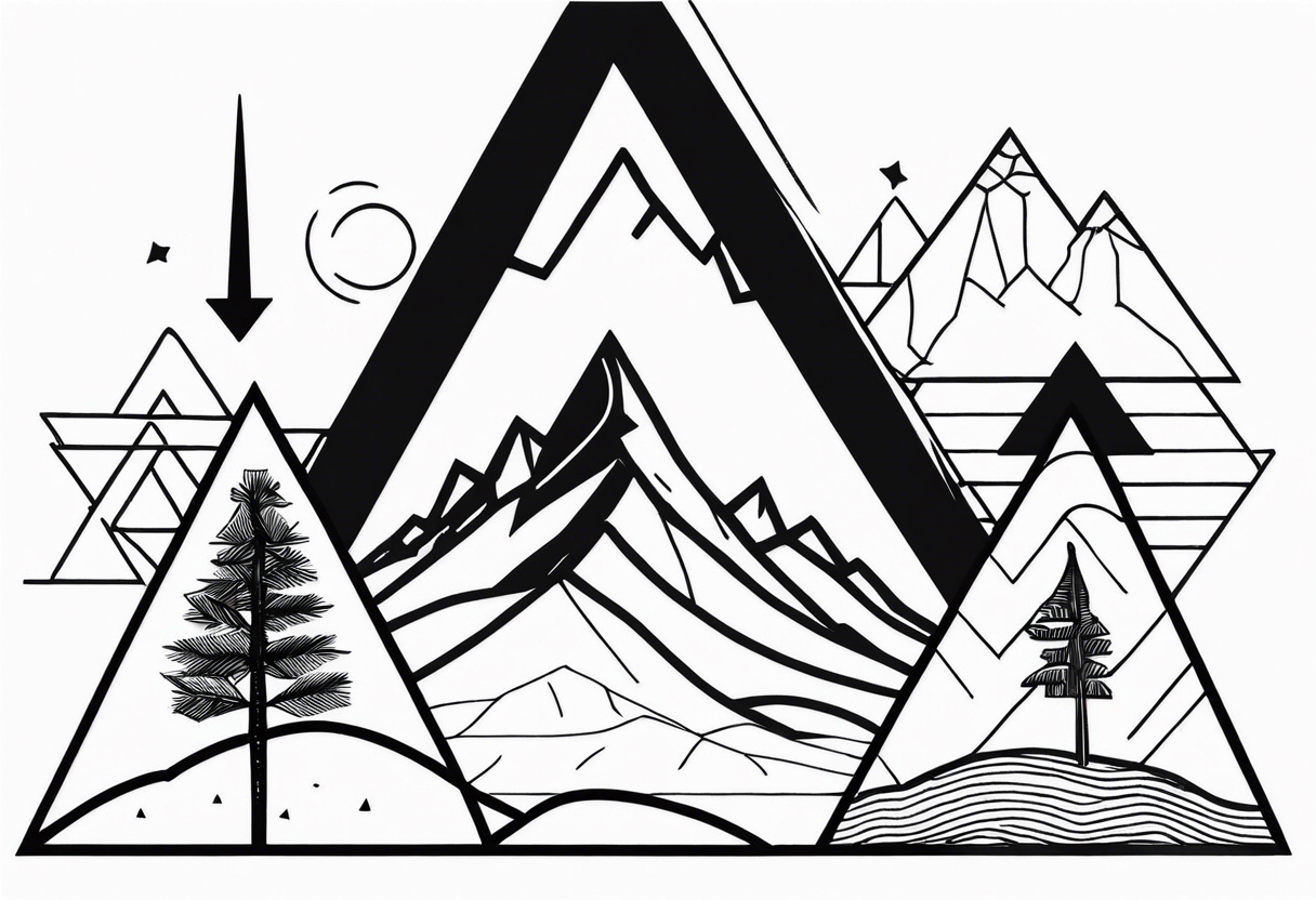 Black line tattoo with three different sizes triangles forming a mountain range with three trees tattoo idea