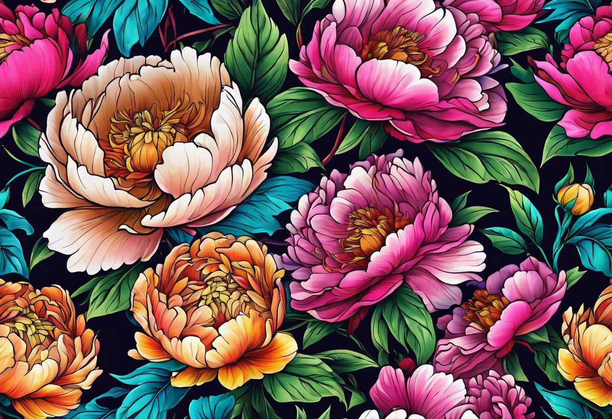 beautiful. colorful, neon, multicolored peony, white background, highly detailed, new school, new school style, street style, streetwear, urban wear, partially bloomed tattoo idea