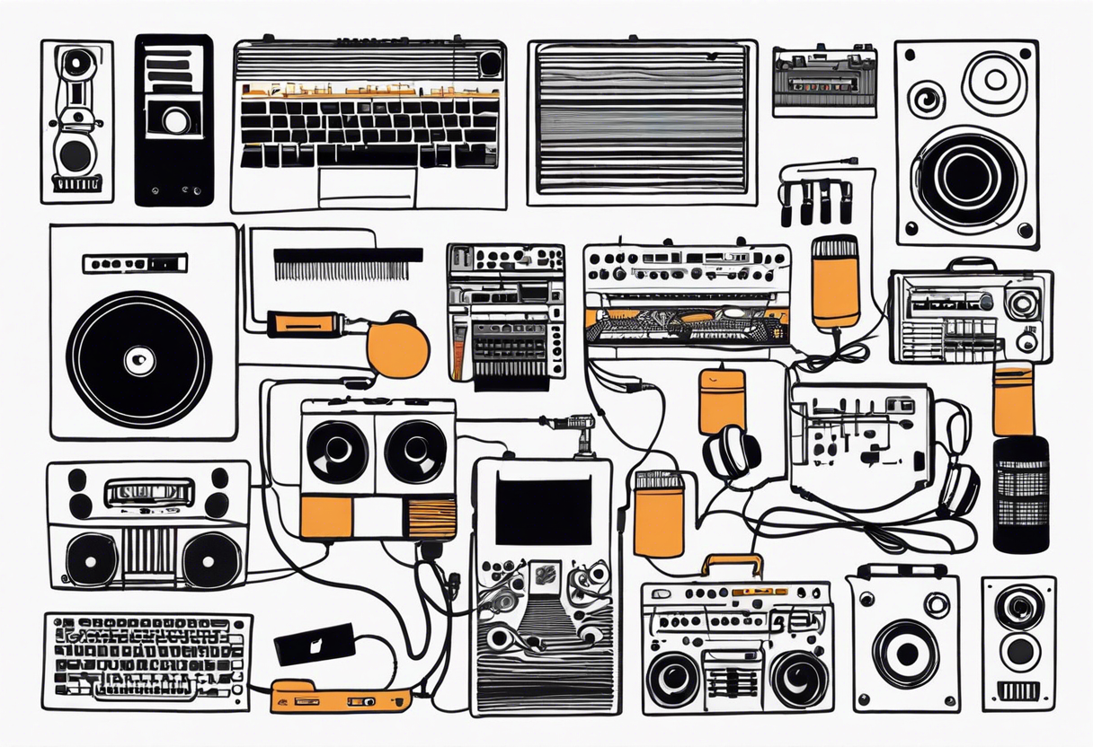 Lines and cables weave and interconnect keyboards, drums, stratocaster, speakers, headphones, and cassette tapes. tattoo idea