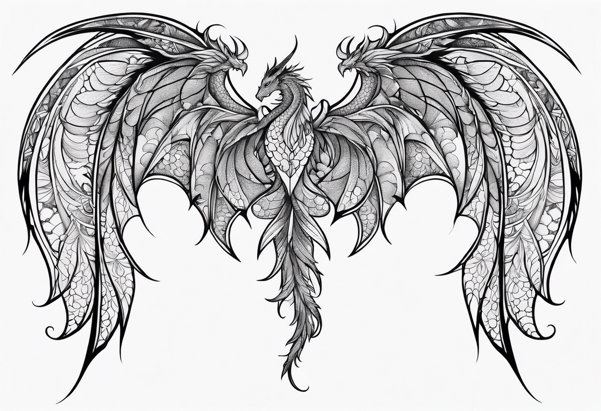 Dragon wings spread floral print on wings tattoo idea