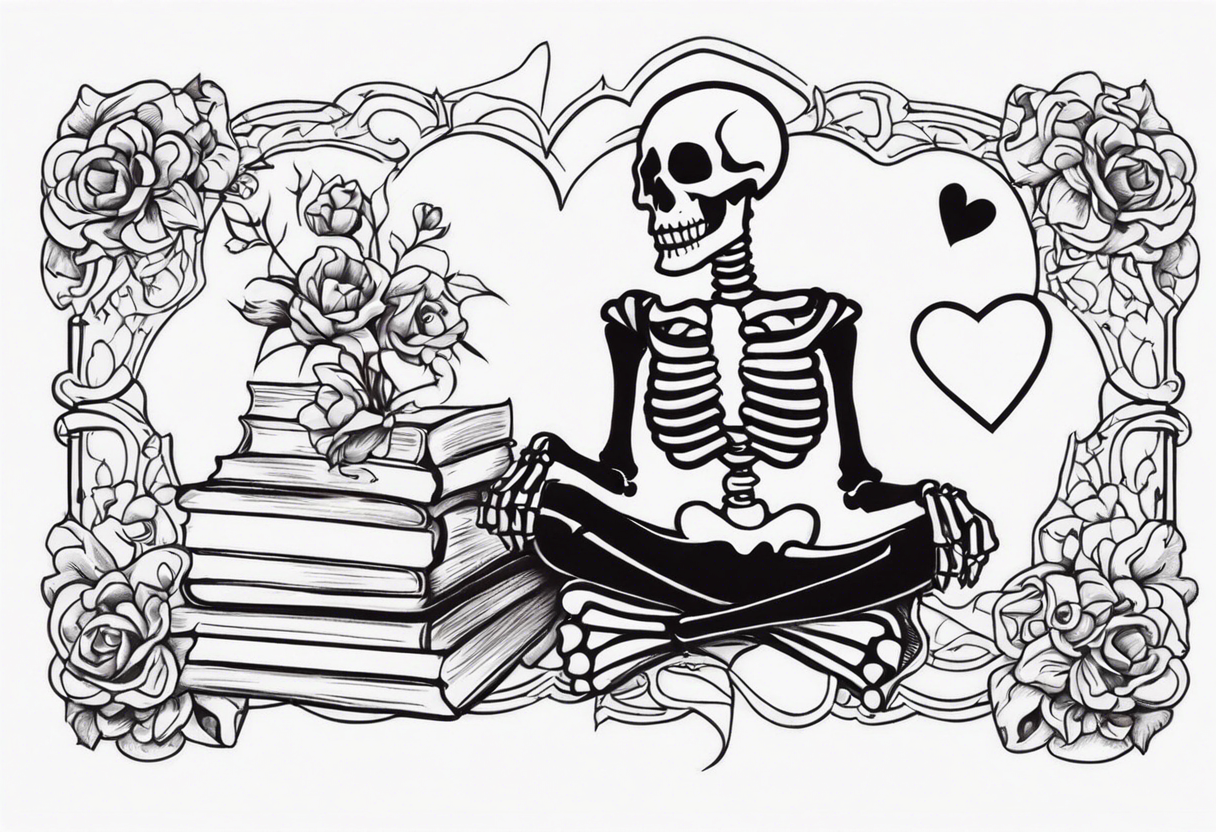 One skeleton with eyes in the shape of hearts, one skeleton sitting tattoo idea