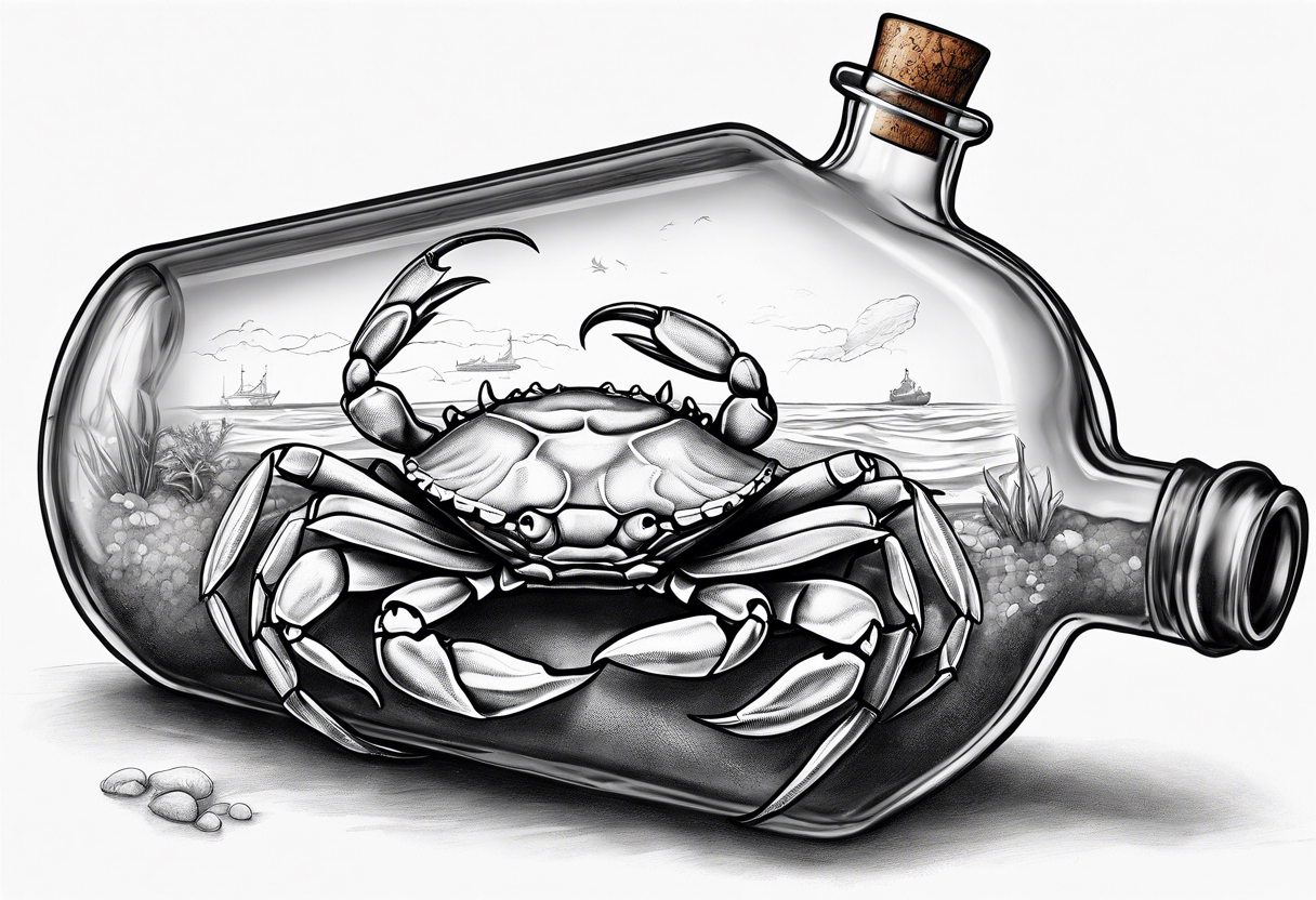 A message in a bottle. Rolled up map inside the bottle. crab outside protecting the bottle. tattoo idea